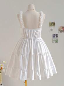 Soleia 大码女式白色针织面料连衣裙，心形领、仿门襟、纽扣、松紧腰带和 A 字下摆，度假风格 - 白色 - 查看 2