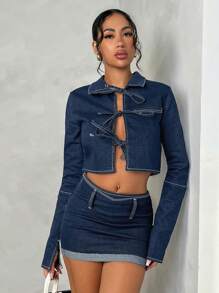 SHEIN BAE Tie Front Crop Denim Top, Fall Women Clothes - Blue - View 3