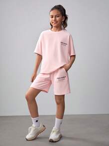 SHEIN Tween Girls' Loose Casual Sports Round Neck Short Sleeve T-Shirt And Shorts Set With Letter Print - Pink - View 3