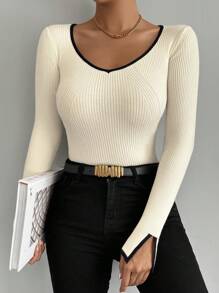 Celisse Black Edged, Split Cuff, Slim Fit Women's Casual Sweater,Long Sleeve Tops Knit Pullover Fall Winter Outfit - Apricot - View 5