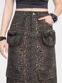 ROMWE Goth Leopard Print Flap Pocket Denim Skirt - Brown - View 6