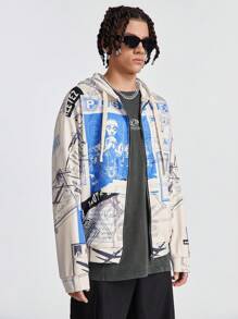 Manfinity NXTstreet 男士数码印花宽松长袖针织运动衫，色彩鲜艳，派对，拉链连帽衫，设计师图案，适合秋冬 - 杏色 - 查看 5