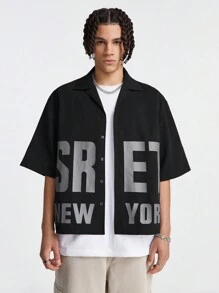 Manfinity RebelGame Camicia smanicata a manica corta da uomo in tessuto a trama larga con stampa inglese, adatta per l'estate - nero - Visualizzare 1
