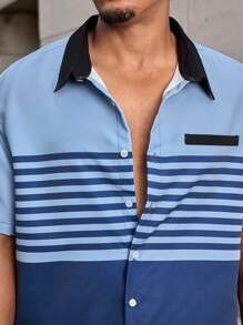 Manfinity Homme Camisa de verano para hombre con estampado de rayas y mangas cortas