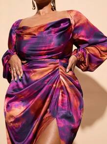 SHEIN BAE 优雅大码女式印花中长连衣裙，垂坠领口，侧开衩，适合日常穿着、节日和派对 - 彩色 - 查看 5