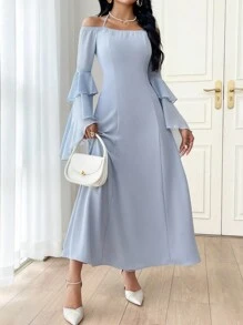 Modelyn Off Shoulder Flounce Sleeve Dress For Holiday Long Evening Dresses - Blue - View 3