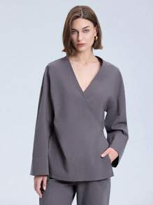 Solid Color V-Neck Cross Wrap Kimono Style Belted Top And Pants Casual Set - Dark Grey - View 3