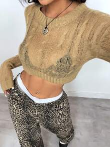 SHEIN Unity Solid Long Sleeve Crop Sweater Without Bra For Dailywear, Knit Pullover Fall Winter - Khaki - View 3