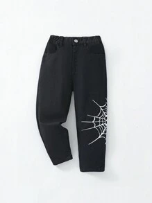 Young Boys' Simple Everyday Spiderweb Printed Jeans - Black - View 1