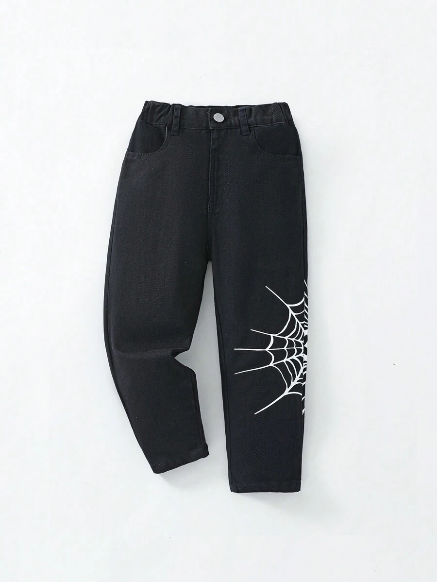 Young Boys' Simple Everyday Spiderweb Printed Jeans - Black - View 1