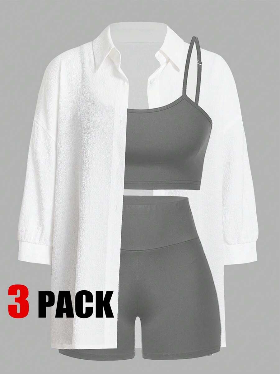 SHEIN Essnce 女性休閒輕量運動夏季性感時尚物超所值戶外自行車網球旅遊背心，緊身短褲和上衣三件套裝