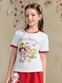 Strawberry Shortcake X SHEIN Camiseta de Manga Curta com Estampa de Morango e Desenho Animado para Meninas Adolescentes com Detalhe de Contraste