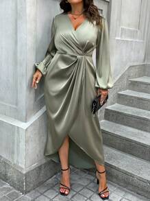 EMERY ROSE Vestido de satén con mangas de farol y bajo envolvente, atuendo para mujer