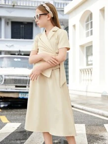 Tween Girl 休闲纯色不对称下摆上衣和裙子套装 - 杏色 - 查看 5