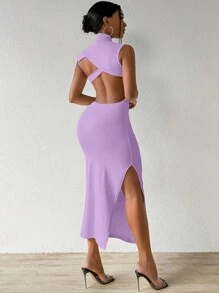VaVaBold Solid Color High Neck Sleeveless Backless Dresses For Women