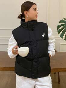 DAZY Women's Embroidered Collar Loose Warm Sleeveless Padded Coat Vest, Winter, Winter Women Clothes, Padded Coat Women Jacket - Black - View 9