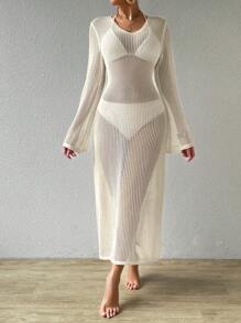 Swim Chiccia 夏季衣服女士圆领透视长袖游泳罩衫连衣裙夏季 - 杏色 - 查看 5