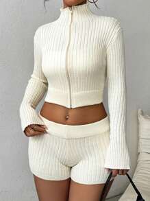 Flirla Women's Solid Color Simple Style Daily Wear Long Sleeve Sweater And Shorts Two-Piece Set - Beige - View 3