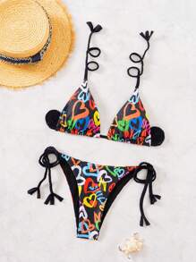 SHEIN Swim Women's Summer Beach Heart Printed Lace-Up Triangle Bikini Set - Multicolor - View 7