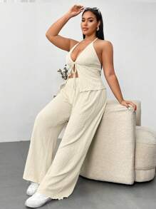 Maweii Plus Size Solid Color Texture Spaghetti Strap Top And Pants Set