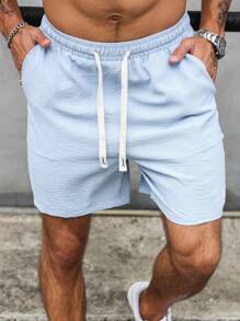 Manfinity Homme 男士纯色抽绳休闲短裤，带口袋，仿亚麻冰丝面料 - 霧霾藍 - 查看 1