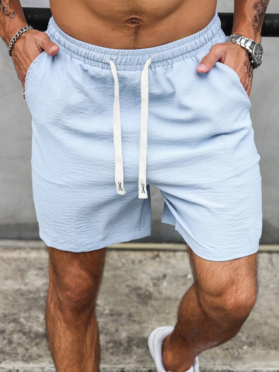Manfinity Homme 男士纯色抽绳休闲短裤，带口袋，仿亚麻冰丝面料 - 霧霾藍 - 查看 1