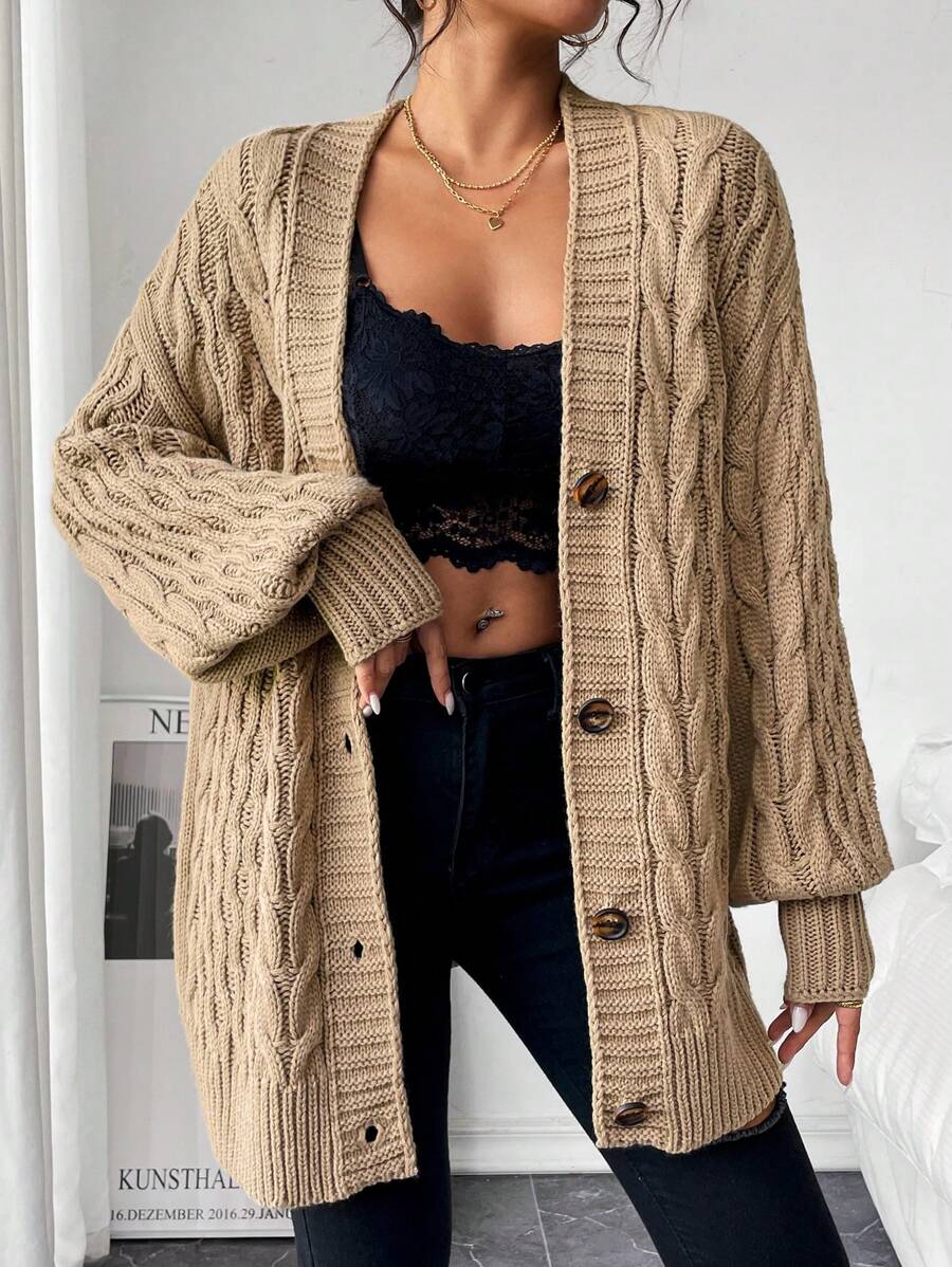 SHEIN LUNE Áo len dệt kim dài tay màu trơn kiểu dáng đơn giản dành cho nữ để mặc hàng ngày - Màu Khaki - Xem 1