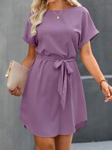 SHEIN Clasi 女款素色簡約日常短袖連衣裙 - 紫色 - 查看 5