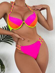 Swim Vcay Conjunto de bikini sexy para mujeres con correa halter para playa de verano, con bloque de color y estampado aleatorio - Multicolor - Ver 3