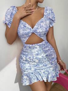 Breezaya 女士心形领全印花前结荷叶边下摆泡泡袖连衣裙 - 藍色 - 查看 3