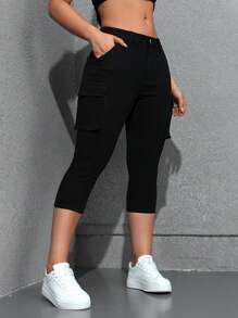 SHEIN EZwear Solid Color Skinny Denim Pants With Pockets For Summer - Black - View 1