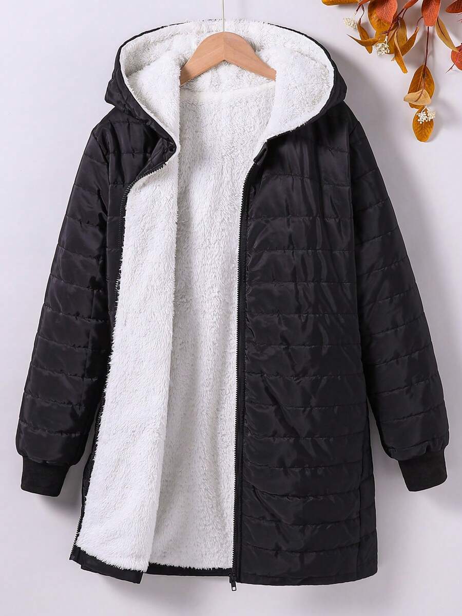 SHEIN Teen Girls Casual Simple Style Urban Fleece Jacket Coat With Warm Padding