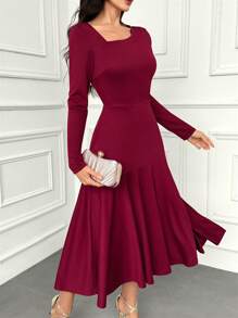 Modelyn Solid Asymmetrical Neck A-Line Dress For Holiday