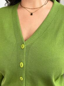 SHEIN Frenchy Áo len cardigan cổ chữ V tay dài cài nút cỡ lớn màu trơn tối giản quyến rũ thời trang, mùa đông - màu xanh lá - Xem 4