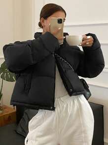 DAZY 女士纯色简约日常长袖棉衣，冬季女装，棉衣女式夹克 - 黑色 - 查看 1