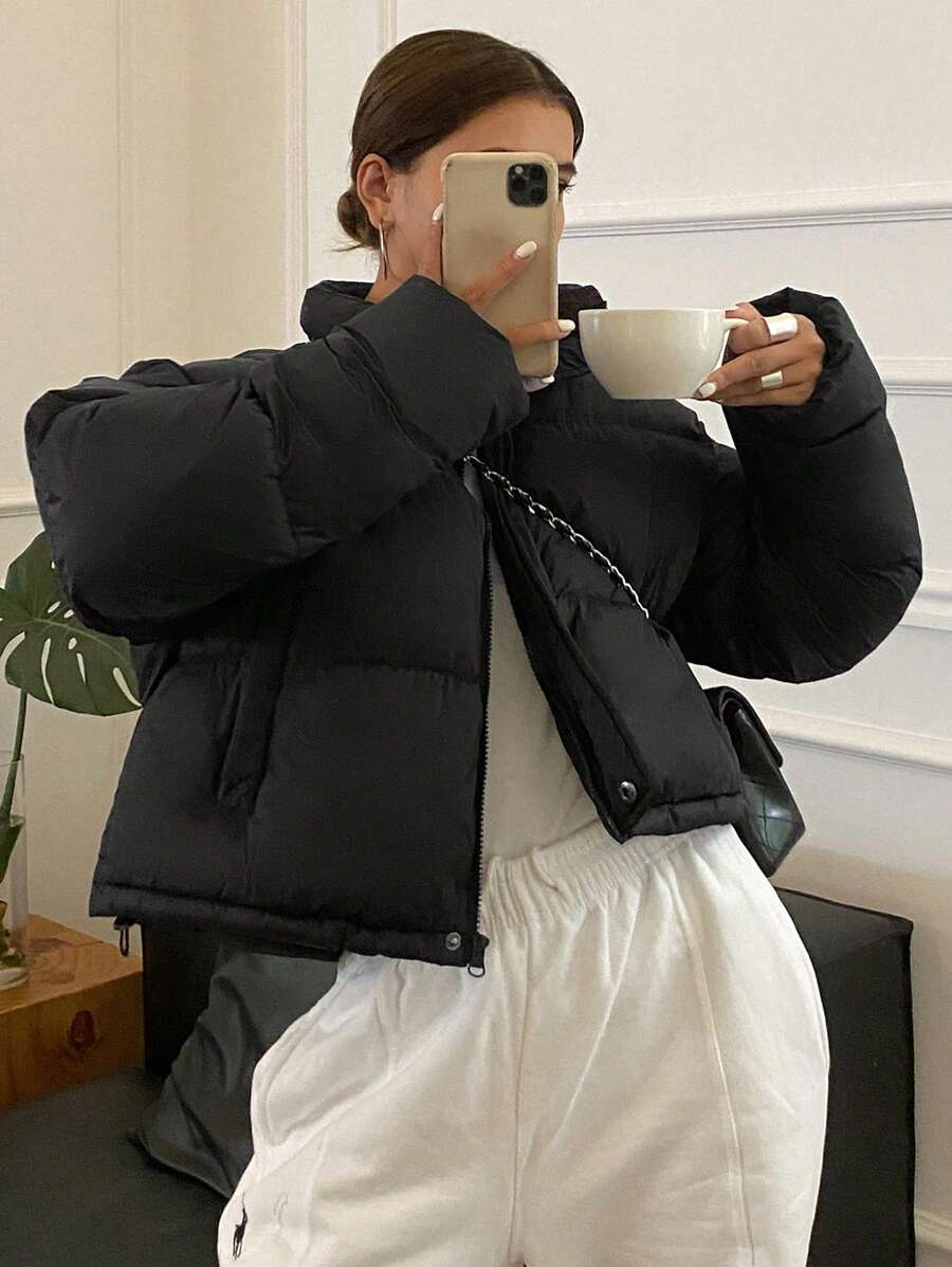 DAZY 女士纯色简约日常长袖棉衣，冬季女装，棉衣女式夹克 - 黑色 - 查看 1