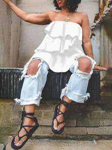 INAWLY Blusa de mujer de verano casual de unicolor con volantes y sin tirantes - Blanco - Ver 2