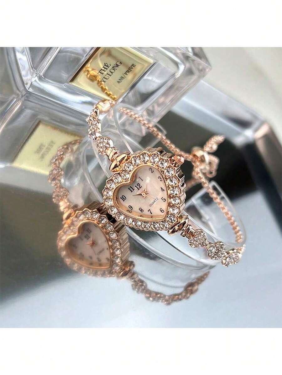 1件女款合金手鍊時尚心形錶殼阿拉伯數字盤石英手錶，附抽繩，適合裝飾