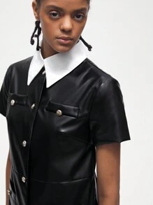 Maija 女士“重返校园”黑色 PU 皮革休闲短袖纽扣式迷你连衣裙