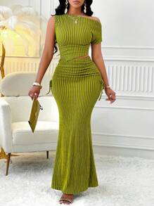 AIJ Elegant One-Shoulder Ruched Top And Mermaid Skirt Set - Green - View 6