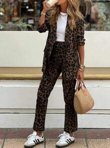 SHEIN Unity Women's Leopard Print Notched Lapel Long Sleeve Blazer And Pants Casual Set - Brown - View 1