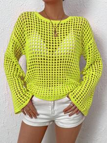 Breezaya Suéter de moda para mujer con cuello redondo, tejido de malla y diseño de huecos - Amarillo - Ver 3
