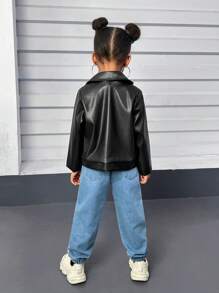 SHEIN Explorewe 2 buc/Set fete fete tinere stradă, negru, motocicletă, jachetă din piele PU, haină și ținută cu pantaloni denim rupti albastru deschis, potrivite pentru toamna/iarna - Negru - Vizualizare 2
