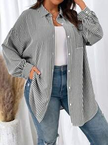 SHEIN EZwear 大码女式条纹落肩长袖休闲衬衫，春夏 - 黑色 - 查看 3