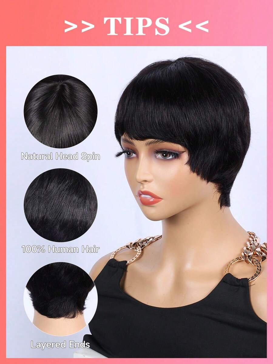 Machine Made Short Straight Pixie Cut Wig Wear Go Glueless Straight