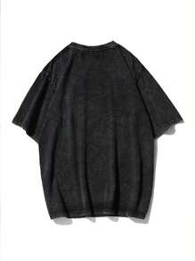 Manfinity Dauomo 男士夏季休閒拼接短袖T卹，印花圖形，哥特式復古洗水工藝，街頭風格，搖滾貓拉奏吉他復古卹，有趣的貓吉他印花T卹