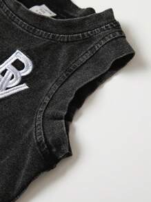 SHEIN Playful Pals Baby Boys' Summer Snow Wash Embroidery Tank Top And Shorts Outfit Set - Black - View 6