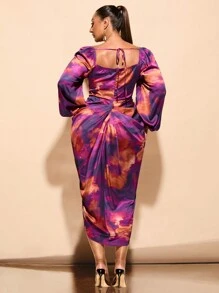 SHEIN BAE 优雅大码女式印花中长连衣裙，垂坠领口，侧开衩，适合日常穿着、节日和派对 - 彩色 - 查看 2