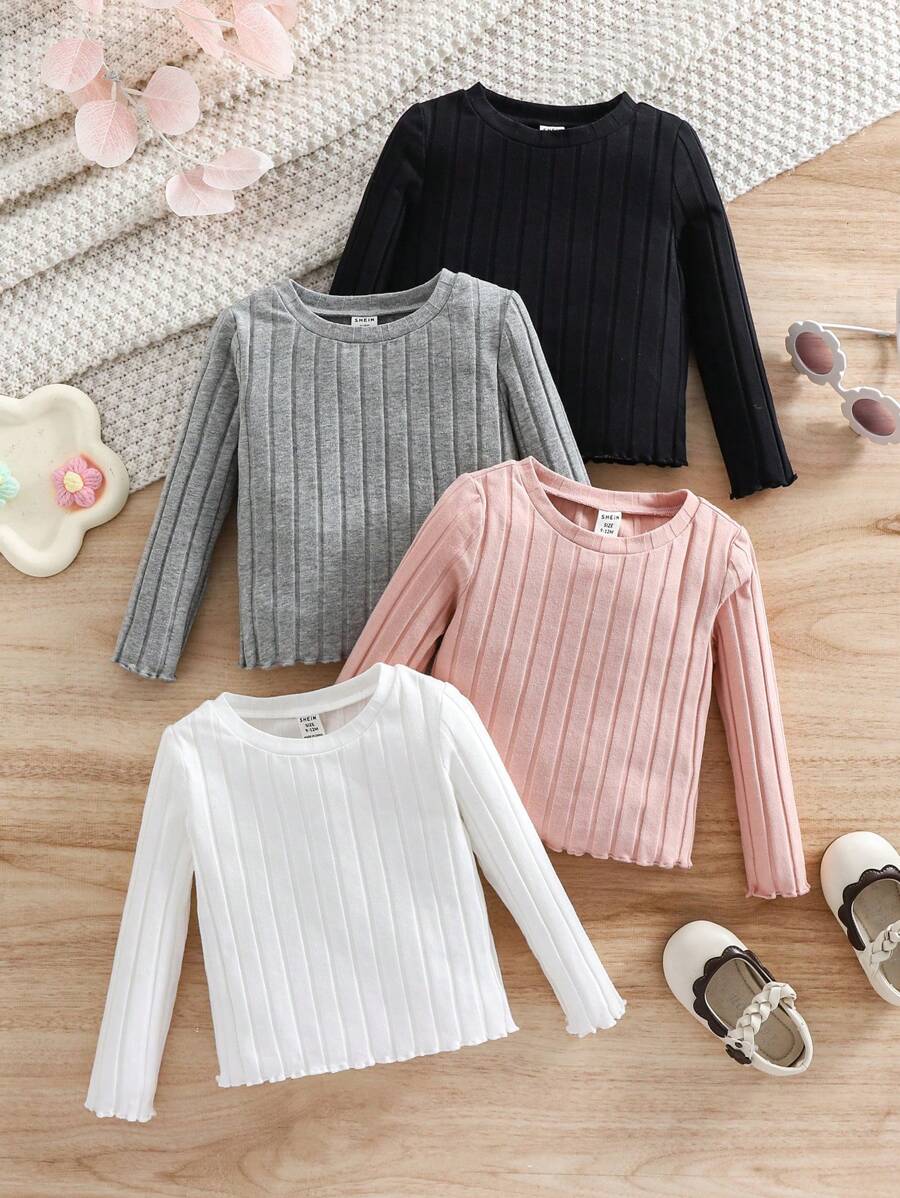 Baby Girl Casual Solid Color Knitted Top, Comfortable And Stretchy, Suitable For Layering, Autumn/Winter 4pcs Set - Multicolor - View 1