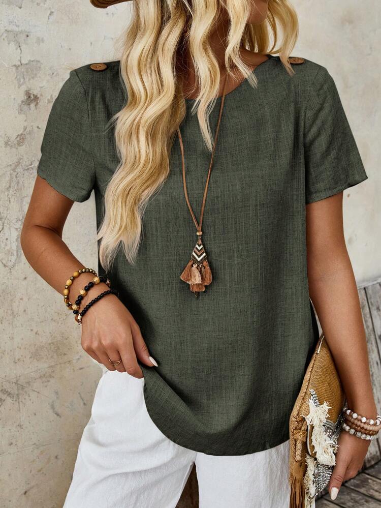 Women's Country Vacation Short Sleeve Linen Khaki Shirt With Button Boat Neckline